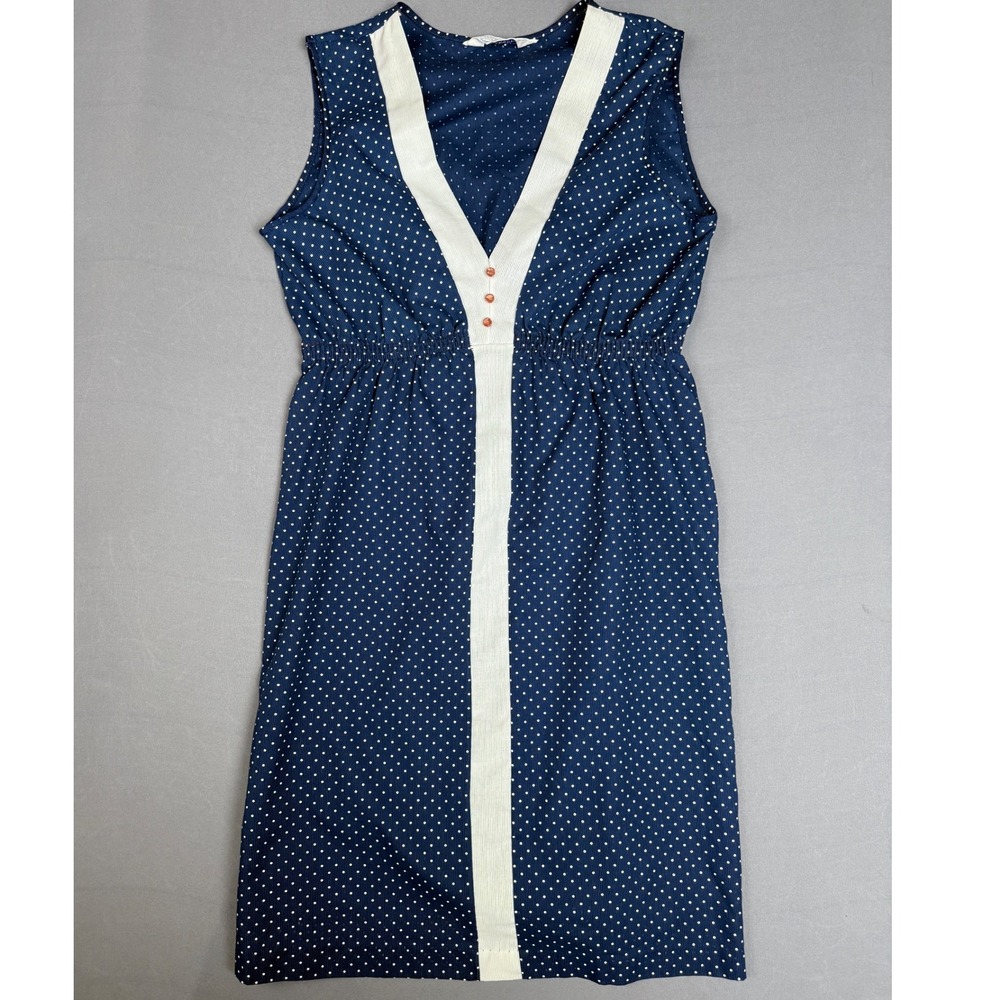 Vtg Sears Polka‎ Dot Dress Sleeveless Casual Navy Blue White Small Summer